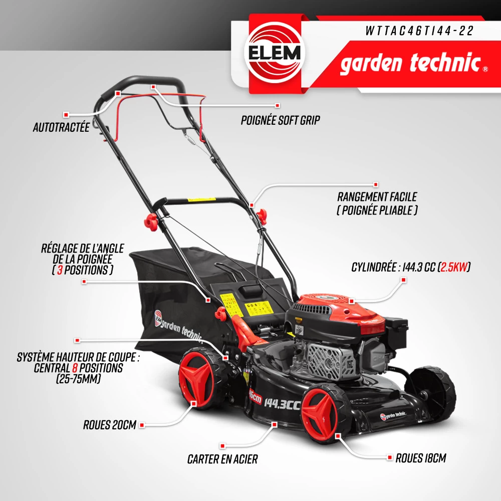 Tondeuse Thermique Autotractée 144.3cc - Largeur De Coupe 46cm - Elem Garden – Image 2