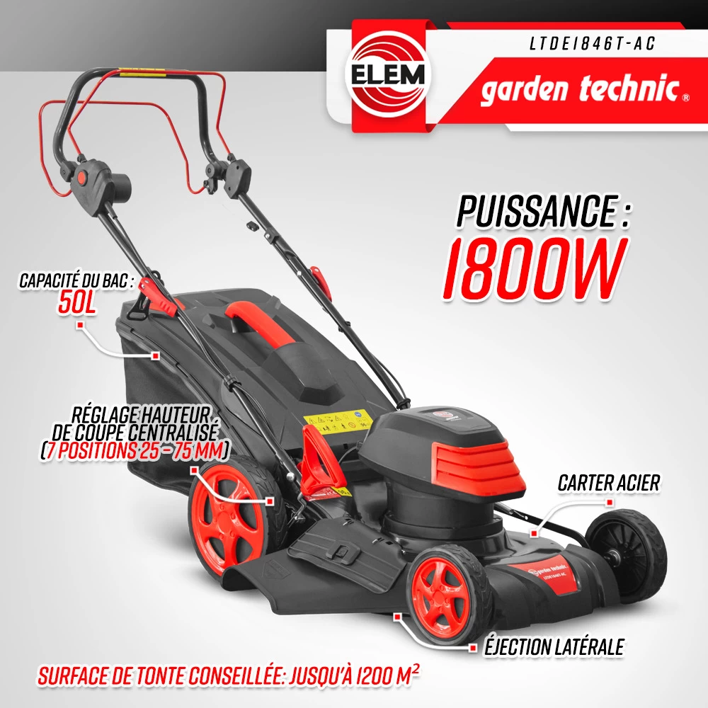 Tondeuse à Gazon électrique Tractée 1800w - 46cm Avec Carter En Acier - Elem Gar – Image 2